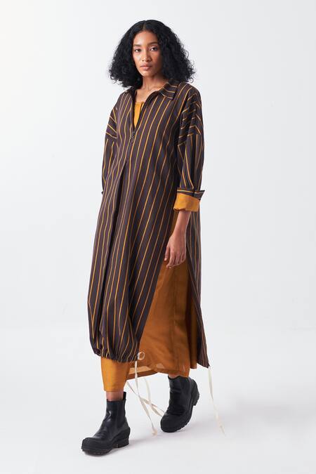 Shop Three Brown Cotton, Handloom Cotton, Bamboo Striped Tunic With Gathered Neckline Dress Shop_Three_Brown Cotton, Handloom Cotton, Bamboo Striped Tunic With Gathered Neckline Dress