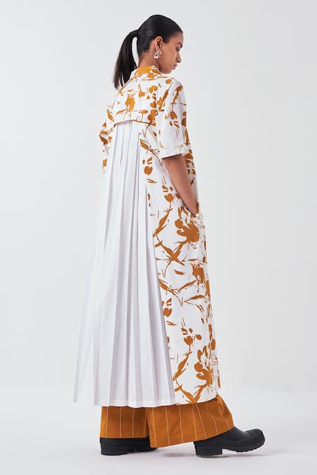 Shop Three White Poplin, Cotton Collared Floral Print Kurta And Palazzo Set at Aza Fashions Shop_Three_White Poplin, Cotton Collared Floral Print Kurta And Palazzo Set _at_Aza_Fashions