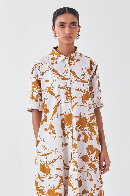 Shop Three White Poplin, Cotton Collared Floral Print Kurta And Palazzo Set Online at Aza Fashions Shop_Three_White Poplin, Cotton Collared Floral Print Kurta And Palazzo Set _Online_at_Aza_Fashions