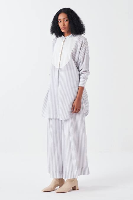 Three_Blue Cotton Mandarin Collar Striped Tunic And Flared Pant Set_Online_at_Aza_Fashions
