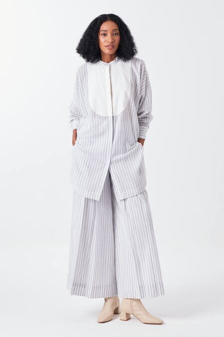Buy_Three_Blue Cotton Mandarin Collar Striped Tunic And Flared Pant Set_Online_at_Aza_Fashions