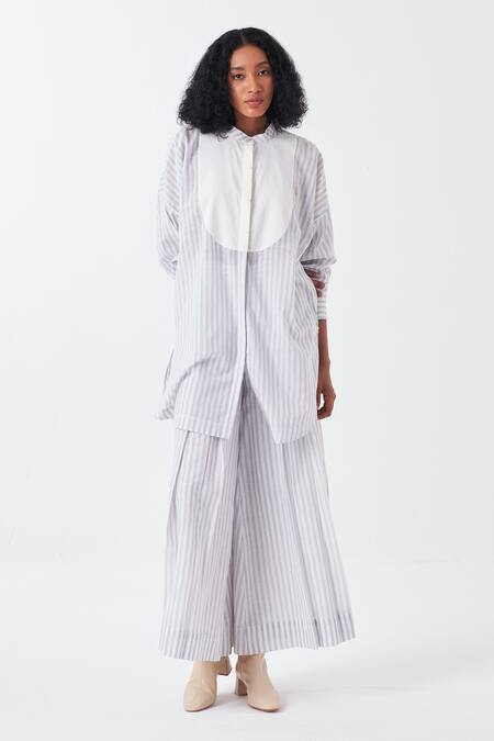 Shop_Three_Blue Cotton Mandarin Collar Striped Tunic And Flared Pant Set_Online_at_Aza_Fashions