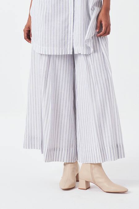 Three_Blue Cotton Mandarin Collar Striped Tunic And Flared Pant Set_at_Aza_Fashions