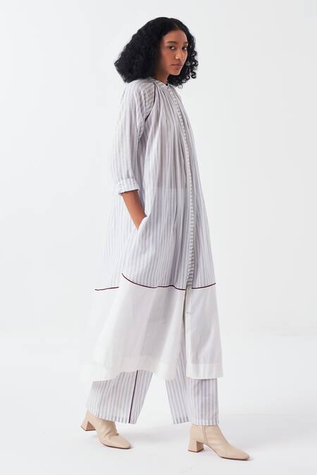 Three Blue Handloom , Mandarin Collar Striped Kurta Set With Palazzo Online at Aza Fashions Three_Blue Handloom , Mandarin Collar Striped Kurta Set With Palazzo_Online_at_Aza_Fashions