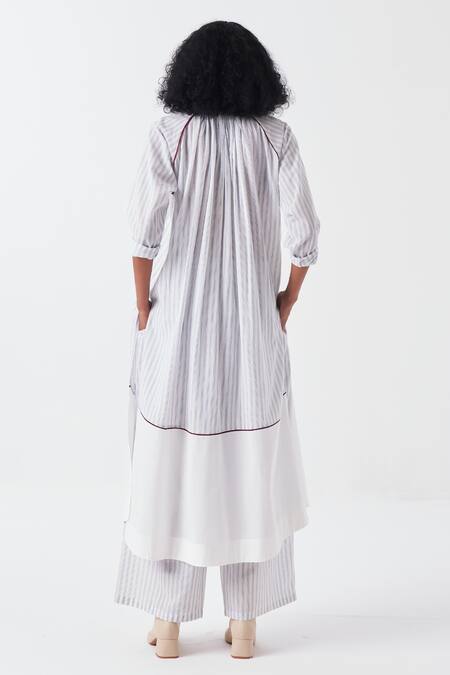 Shop Three Blue Handloom , Mandarin Collar Striped Kurta Set With Palazzo at Aza Fashions Shop_Three_Blue Handloom , Mandarin Collar Striped Kurta Set With Palazzo_at_Aza_Fashions