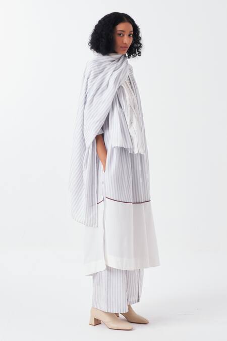 Shop Three Blue Cotton Mandarin Collar Striped Kurta Palazzo Set With Scarf at Aza Fashions Shop_Three_Blue Cotton Mandarin Collar Striped Kurta Palazzo Set With Scarf_at_Aza_Fashions