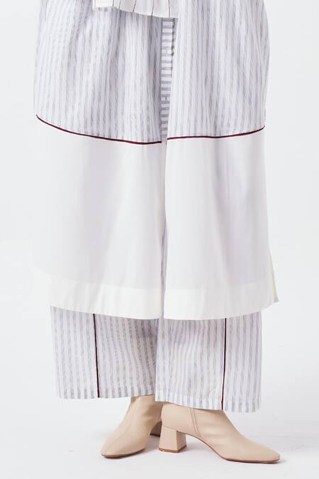 Three Blue Cotton Mandarin Collar Striped Kurta Palazzo Set With Scarf Online at Aza Fashions Three_Blue Cotton Mandarin Collar Striped Kurta Palazzo Set With Scarf_Online_at_Aza_Fashions