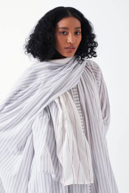 Buy Three Blue Cotton Mandarin Collar Striped Kurta Palazzo Set With Scarf Online at Aza Fashions Buy_Three_Blue Cotton Mandarin Collar Striped Kurta Palazzo Set With Scarf_Online_at_Aza_Fashions