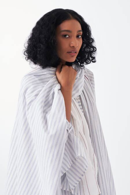 Shop Three Blue Cotton Mandarin Collar Striped Kurta Palazzo Set With Scarf Online at Aza Fashions Shop_Three_Blue Cotton Mandarin Collar Striped Kurta Palazzo Set With Scarf_Online_at_Aza_Fashions