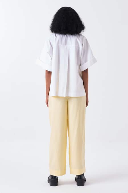 Shop_Three_White Poplin, Tencel Applique Collared Floral Shirt And Pant Set _at_Aza_Fashions