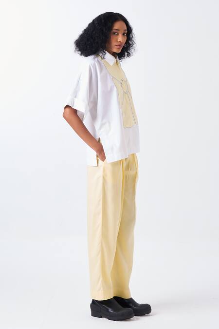 Three_White Poplin, Tencel Applique Collared Floral Shirt And Pant Set _Online_at_Aza_Fashions
