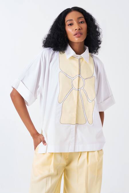 Shop_Three_White Poplin, Tencel Applique Collared Floral Shirt And Pant Set _Online_at_Aza_Fashions