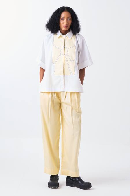 Three_White Poplin, Tencel Applique Collared Floral Shirt And Pant Set _at_Aza_Fashions