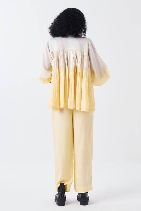 Shop_Three_White Chanderi, Tencel Round Neck Dip Dye Ombre Top And Pant Set _at_Aza_Fashions