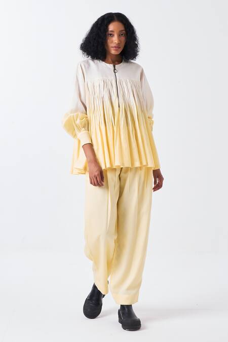 Buy_Three_White Chanderi, Tencel Round Neck Dip Dye Ombre Top And Pant Set _Online_at_Aza_Fashions