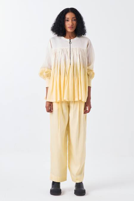 Shop_Three_White Chanderi, Tencel Round Neck Dip Dye Ombre Top And Pant Set _Online_at_Aza_Fashions