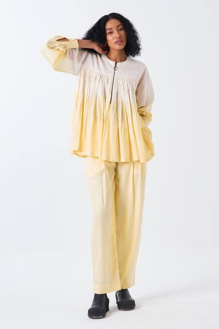 Three_White Chanderi, Tencel Round Neck Dip Dye Ombre Top And Pant Set _at_Aza_Fashions