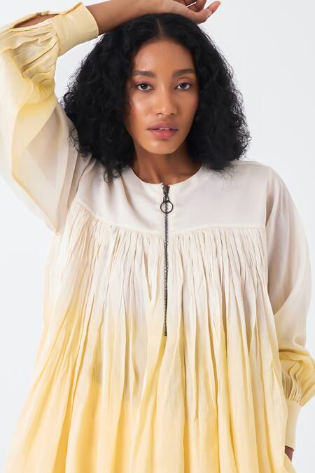 Buy_Three_White Chanderi, Tencel Round Neck Dip Dye Ombre Top And Pant Set 