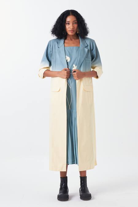 Three_Blue Poplin, Twill, Crepe Applique Dip Dye Ombre Long Jacket And Poppy Dress _Online_at_Aza_Fashions