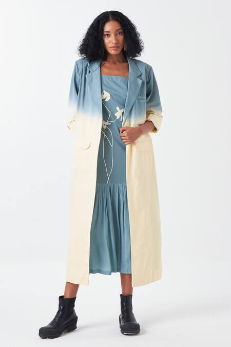 Buy_Three_Blue Poplin, Twill, Crepe Applique Dip Dye Ombre Long Jacket And Poppy Dress _Online_at_Aza_Fashions