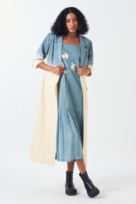 Shop_Three_Blue Poplin, Twill, Crepe Applique Dip Dye Ombre Long Jacket And Poppy Dress _Online_at_Aza_Fashions