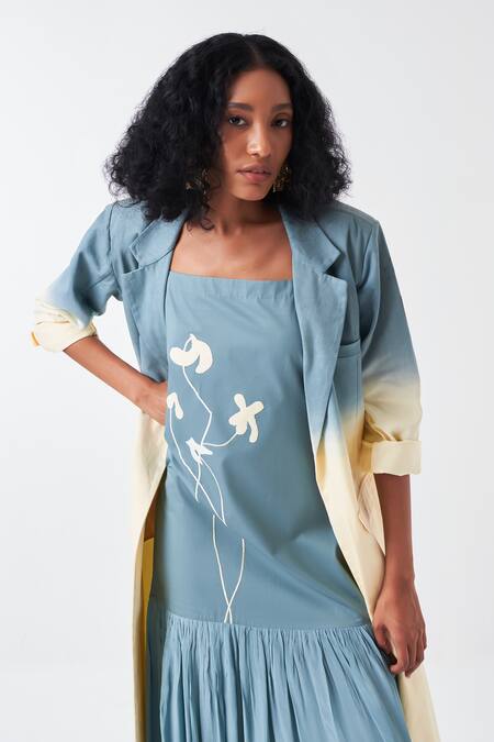 Three_Blue Poplin, Twill, Crepe Applique Dip Dye Ombre Long Jacket And Poppy Dress _at_Aza_Fashions
