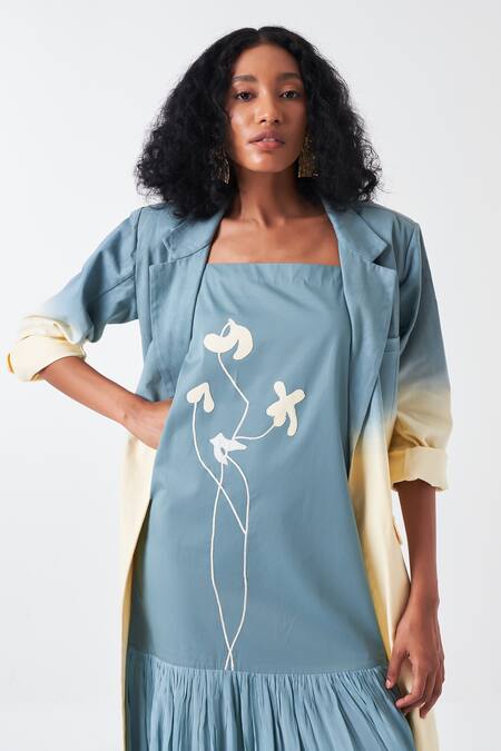 Buy_Three_Blue Poplin, Twill, Crepe Applique Dip Dye Ombre Long Jacket And Poppy Dress 