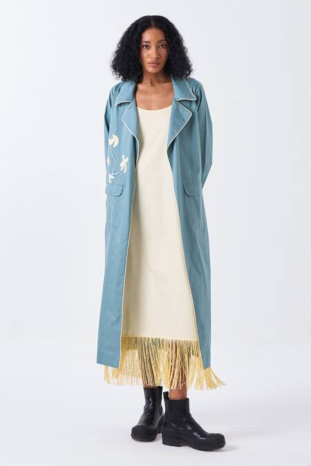 Buy Three Yellow Poplin Fringe, Applique Collared Poppy Long Jacket And Dress Set Online at Aza Fashions Buy_Three_Yellow Poplin Fringe, Applique Collared Poppy Long Jacket And Dress Set _Online_at_Aza_Fashions