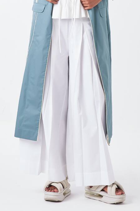 Shop Three White Poplin, Cotton Applique Collared Poppy Long Jacket And Pant Set Online at Aza Fashions Shop_Three_White Poplin, Cotton Applique Collared Poppy Long Jacket And Pant Set _Online_at_Aza_Fashions