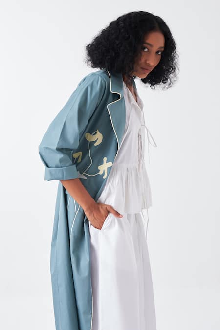 Buy Three White Poplin, Cotton Applique Collared Poppy Long Jacket And Pant Set Buy_Three_White Poplin, Cotton Applique Collared Poppy Long Jacket And Pant Set