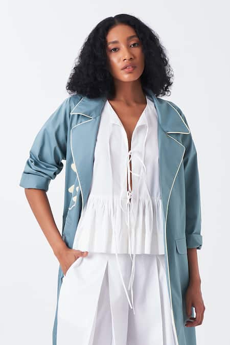 Shop Three White Poplin, Cotton Applique Collared Poppy Long Jacket And Pant Set Shop_Three_White Poplin, Cotton Applique Collared Poppy Long Jacket And Pant Set