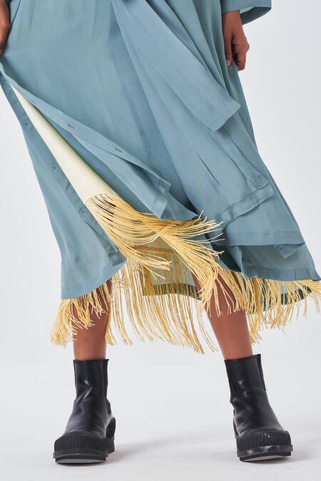 Three_Yellow Crepe, Cotton Fringe Collared Blue Border Dress And Long Jacket Set _Online_at_Aza_Fashions