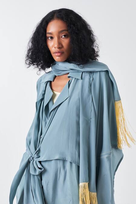 Buy Three Yellow Crepe, Cotton Fringe Collared Blue Border Dress And Long Jacket Set Online at Aza Fashions Buy_Three_Yellow Crepe, Cotton Fringe Collared Blue Border Dress And Long Jacket Set _Online_at_Aza_Fashions