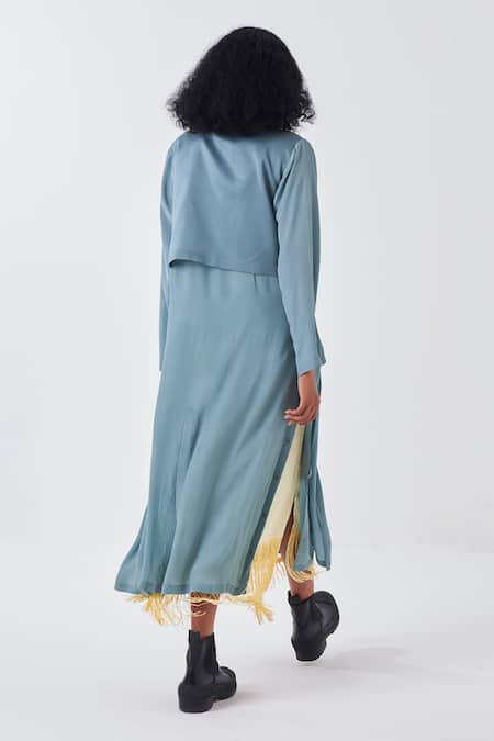 Shop Three Yellow Crepe, Cotton Fringe Collared Blue Border Dress And Long Jacket Set at Aza Fashions Shop_Three_Yellow Crepe, Cotton Fringe Collared Blue Border Dress And Long Jacket Set _at_Aza_Fashions
