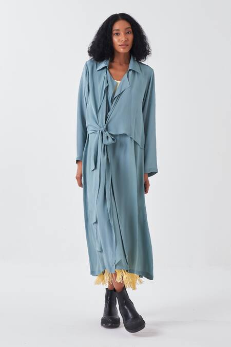 Shop Three Yellow Crepe, Cotton Fringe Collared Blue Border Dress And Long Jacket Set Online at Aza Fashions Shop_Three_Yellow Crepe, Cotton Fringe Collared Blue Border Dress And Long Jacket Set _Online_at_Aza_Fashions