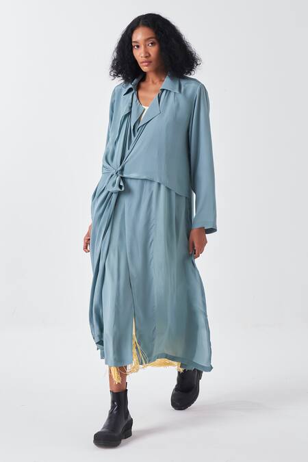 Three Yellow Crepe, Cotton Fringe Collared Blue Border Dress And Long Jacket Set at Aza Fashions Three_Yellow Crepe, Cotton Fringe Collared Blue Border Dress And Long Jacket Set _at_Aza_Fashions