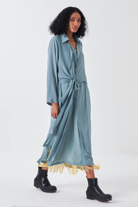 Buy Three Yellow Crepe, Cotton Fringe Collared Blue Border Dress And Long Jacket Set Buy_Three_Yellow Crepe, Cotton Fringe Collared Blue Border Dress And Long Jacket Set