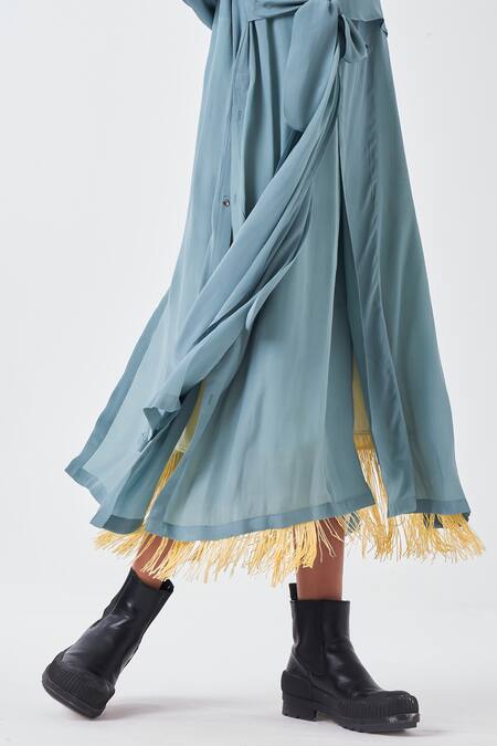 Shop_Three_Yellow Crepe, Cotton Fringe Collared Blue Border Dress And Long Jacket Set 