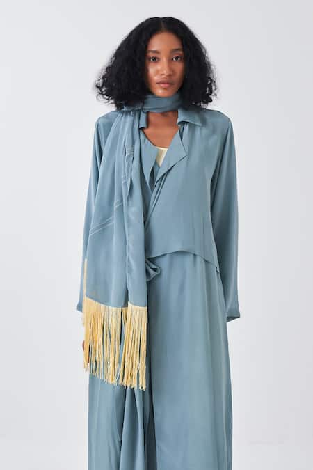 Shop Three Yellow Cotton, Crepe Fringe Collared, V-neck Border Dress And Long Jacket Set at Aza Fashions Shop_Three_Yellow Cotton, Crepe Fringe Collared, V-neck Border Dress And Long Jacket Set _at_Aza_Fashions