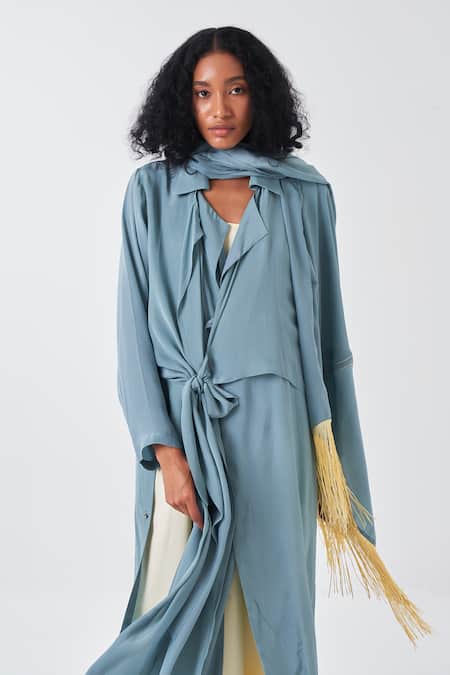 Three Yellow Cotton, Crepe Fringe Collared, V-neck Border Dress And Long Jacket Set Online at Aza Fashions Three_Yellow Cotton, Crepe Fringe Collared, V-neck Border Dress And Long Jacket Set _Online_at_Aza_Fashions