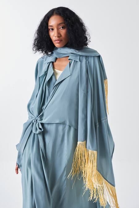 Buy Three Yellow Cotton, Crepe Fringe Collared, V-neck Border Dress And Long Jacket Set Online at Aza Fashions Buy_Three_Yellow Cotton, Crepe Fringe Collared, V-neck Border Dress And Long Jacket Set _Online_at_Aza_Fashions