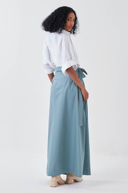 Shop Three White Poplin Collared Shirt And Blue Front Slit Skirt Set at Aza Fashions Shop_Three_White Poplin Collared Shirt And Blue Front Slit Skirt Set_at_Aza_Fashions