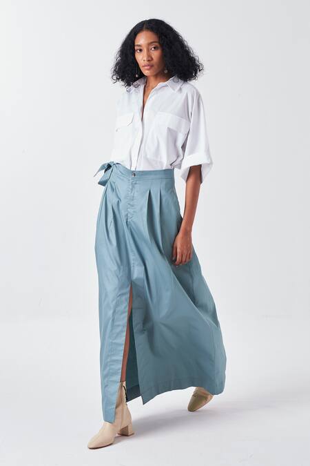 Three White Poplin Collared Shirt And Blue Front Slit Skirt Set Online at Aza Fashions Three_White Poplin Collared Shirt And Blue Front Slit Skirt Set_Online_at_Aza_Fashions