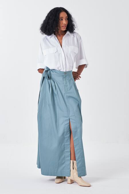 Buy Three White Poplin Collared Shirt And Blue Front Slit Skirt Set Online at Aza Fashions Buy_Three_White Poplin Collared Shirt And Blue Front Slit Skirt Set_Online_at_Aza_Fashions