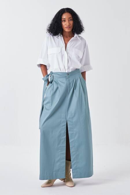 Shop Three White Poplin Collared Shirt And Blue Front Slit Skirt Set Online at Aza Fashions Shop_Three_White Poplin Collared Shirt And Blue Front Slit Skirt Set_Online_at_Aza_Fashions
