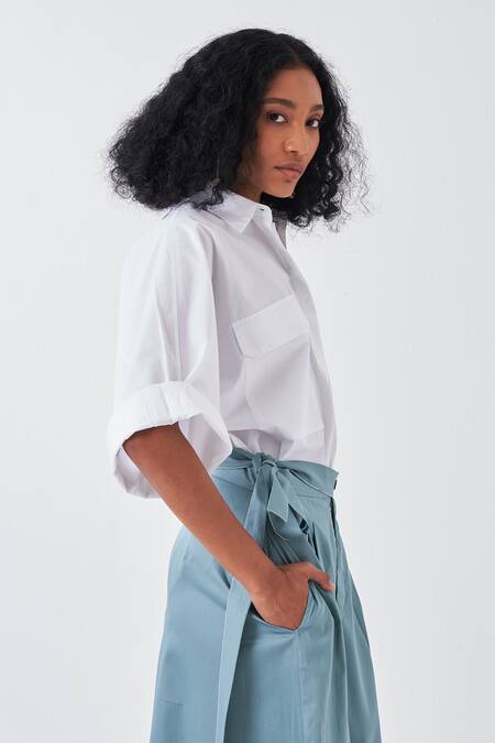 Three White Poplin Collared Shirt And Blue Front Slit Skirt Set at Aza Fashions Three_White Poplin Collared Shirt And Blue Front Slit Skirt Set_at_Aza_Fashions