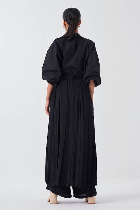 Shop Three Black Poplin, Crepe Embroidery High Neck Circle Top And Box Pleated Skirt Pant at Aza Fashions Shop_Three_Black Poplin, Crepe Embroidery High Neck Circle Top And Box Pleated Skirt Pant _at_Aza_Fashions