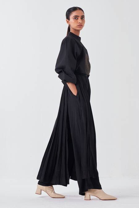 Three Black Poplin, Crepe Embroidery High Neck Circle Top And Box Pleated Skirt Pant Online at Aza Fashions Three_Black Poplin, Crepe Embroidery High Neck Circle Top And Box Pleated Skirt Pant _Online_at_Aza_Fashions