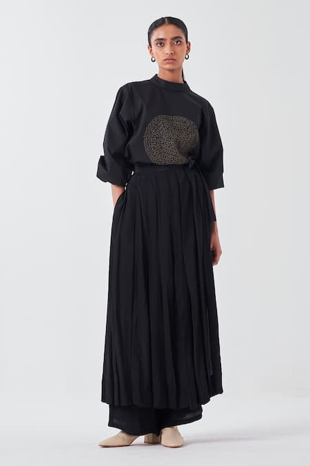 Buy Three Black Poplin, Crepe Embroidery High Neck Circle Top And Box Pleated Skirt Pant Online at Aza Fashions Buy_Three_Black Poplin, Crepe Embroidery High Neck Circle Top And Box Pleated Skirt Pant _Online_at_Aza_Fashions