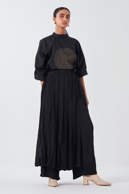 Shop Three Black Poplin, Crepe Embroidery High Neck Circle Top And Box Pleated Skirt Pant Online at Aza Fashions Shop_Three_Black Poplin, Crepe Embroidery High Neck Circle Top And Box Pleated Skirt Pant _Online_at_Aza_Fashions